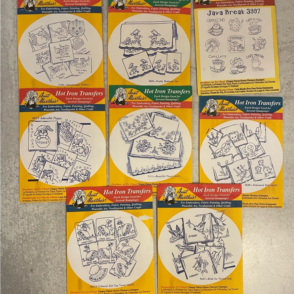 Lot 8 Aunt Martha's Hot Iron Transfers #3997,4015,9180,3049 3528,3111,3553,9637
